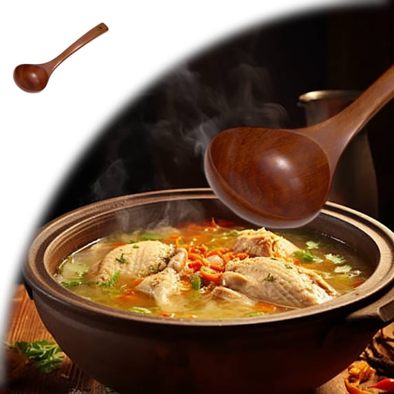 Wooden Ladle with Handle, Wooden Soup Ladle Extra Large Kitchen Wood Scoop Deep Teak Wood Spoon Utensil for Cooking Serving Cookware