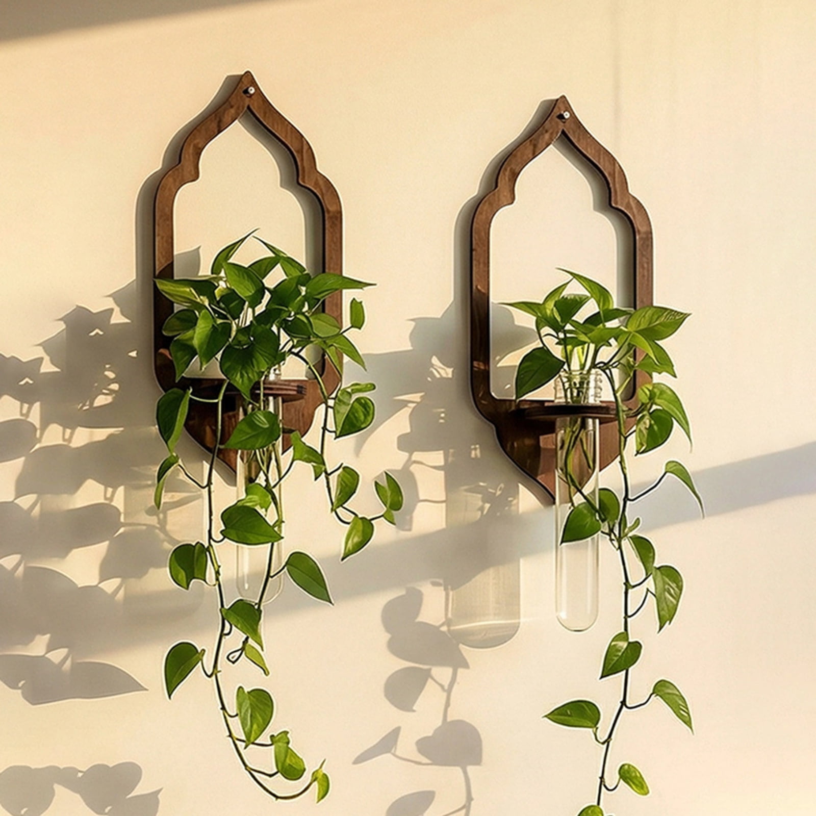 Wooden Lantern Shaped Wall Hanging Planter Propagation Station Glass Flower Vase for Hydroponics Plants, Bathroom, Home Office Living Room Decor Gift