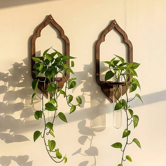 Wooden Lantern Shaped Wall Hanging Planter Propagation Station Glass Flower Vase for Hydroponics Plants, Bathroom, Home Office Living Room Decor Gift