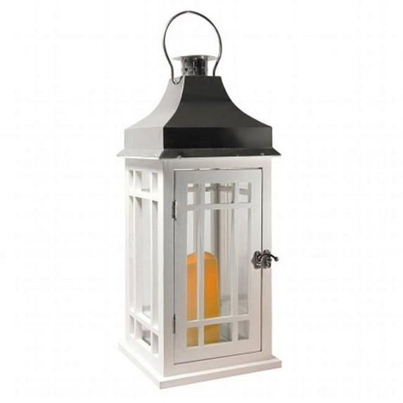 Wooden Lantern with LED Candle, White & Silver