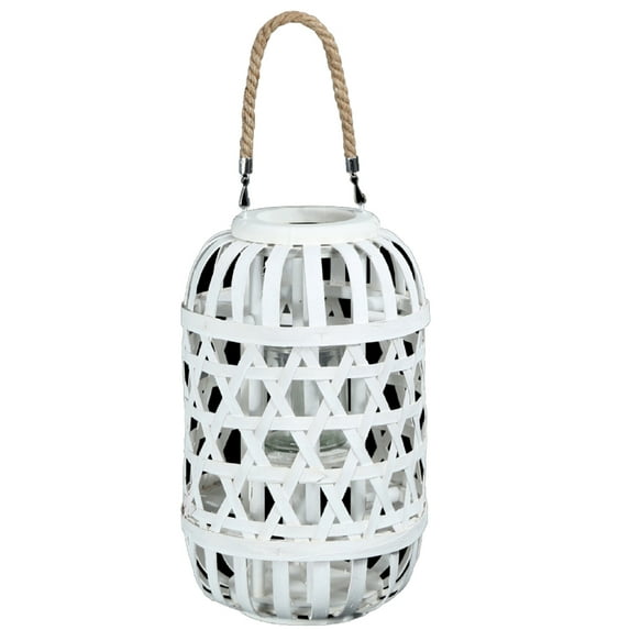 Wooden Lantern with Octagonal Cut Out and Rope Hanger, Medium, White- Saltoro Sherpi