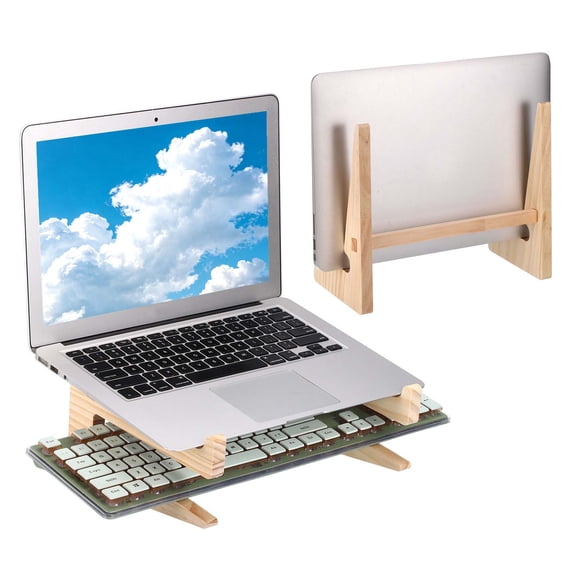 Wooden Laptop Stand, 1 Pack Dual-Use Laptop Stand Vertical Sturdy Pine Wood Anti-Slip Ventilated Space-Saving Notebook Riser for 10-15 Inch Desk Tablets, Square