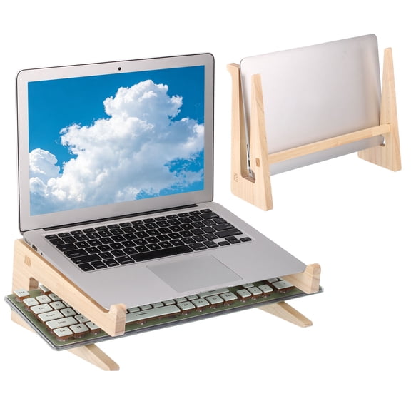 Wooden Laptop Stand, 1 Pack Dual-Use Laptop Stand Vertical Sturdy Pine Wood Anti-Slip Ventilated Space-Saving Notebook Riser for 13-18 Inch Desk Tablets, Square