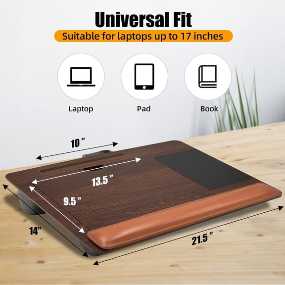 Wooden Laptop Tray with Leather Wrist Pad - Adjustable Angle Lap Desk with Cushion, Laptops Table for Couch, Bed, Fits Laptops Up to 17 Inches, Lap Laptop Desk with Mouse Pad, Brown
