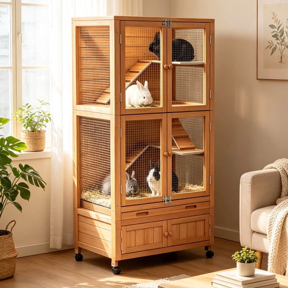 Wooden Large Bunny Hutch 4 Levels Guinea Pig Cages Hamster House with Wheels and Storage for Indoor