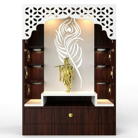 Wooden Large Pooja Mandir For Home And Office With LED Lights/Designer Brown Temple With White Jali Carving/Mandir With Cabinets For Storage