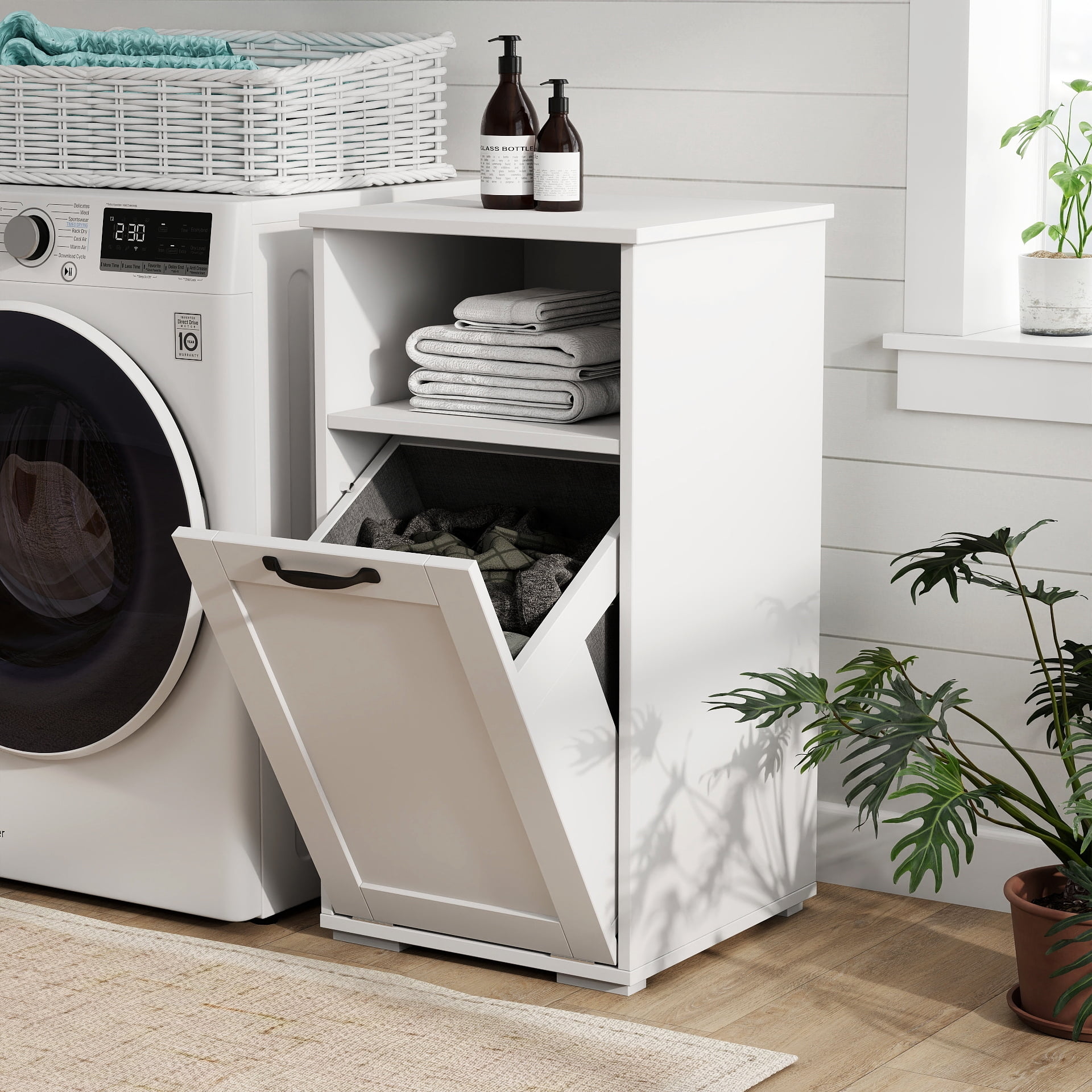 Wooden Laundry Hamper Cabinet with Divided Basket & Open Storage Shelf, Melamine Particle Board Dirty Clothes Organizer for Apartment Dorm Bathroom