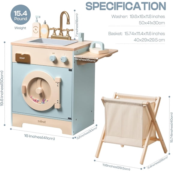 Wooden Laundry Playset, Washer and Dryer Set for Kids, Realistic Pretend Play Washing Machine with Basket, Iron, Soap, Bleach, Laundry Detergent, Gift for Boys & Girls, Ages 3+