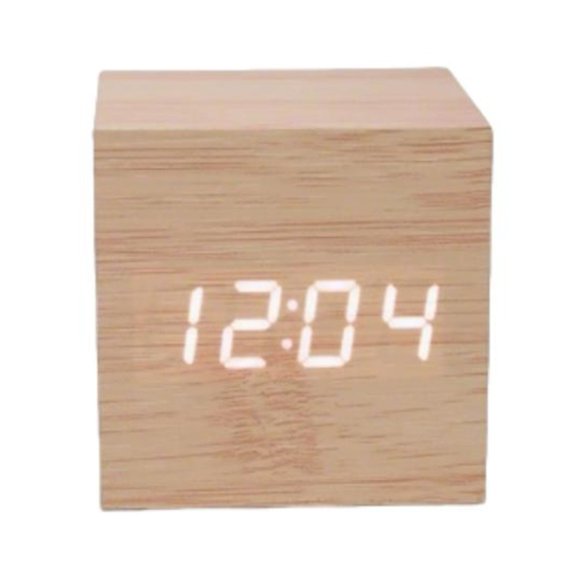 Wooden Led Alarm Clock Voice Control Night Light Creative Bedside Table Clock