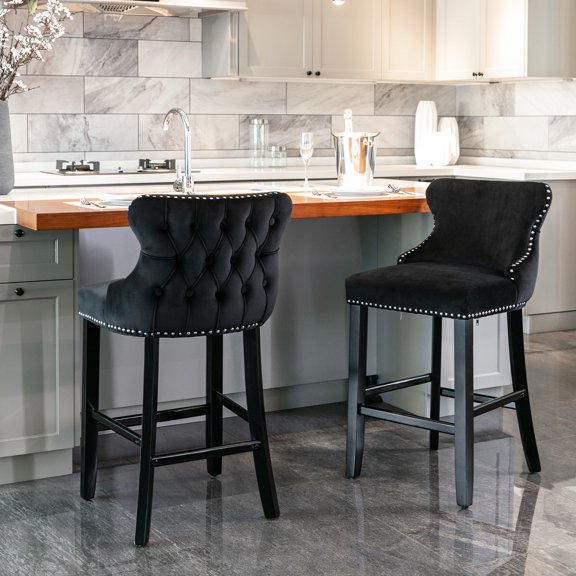Wooden Legged Velvet Barstools / Sturdy for Bar Use