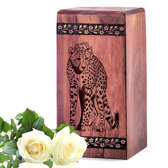 Wooden Leopard Urn - Engraved Cremation Urns for Human Ashes Adult Man, Funeral Wooden Urn Box for Cremation Ashes Female, Ash Keepsake Urns - 11.25inch, Large Size - 1Pcs Pack