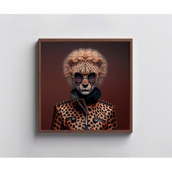 Wooden Leopard Wearing Jacket Unique Animal Art Stylish Wall Decor, Unframed Poster