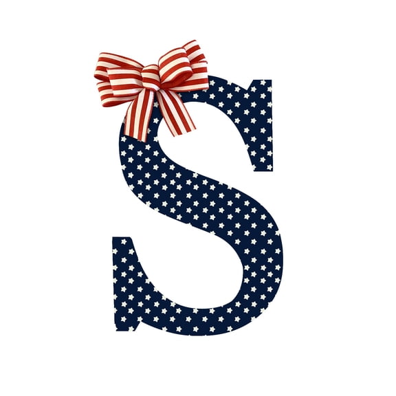 Wooden Letter A Decorative Monogram with Star Pattern and Striped Bow for Wall Hanging Door Decor Nursery Bedroom Living Room