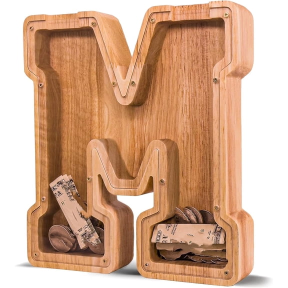 Wooden Letter , Personalized Initial Money Box , Clear Unbreakable Alphabet Coin Saving Jar, Birthday Gift