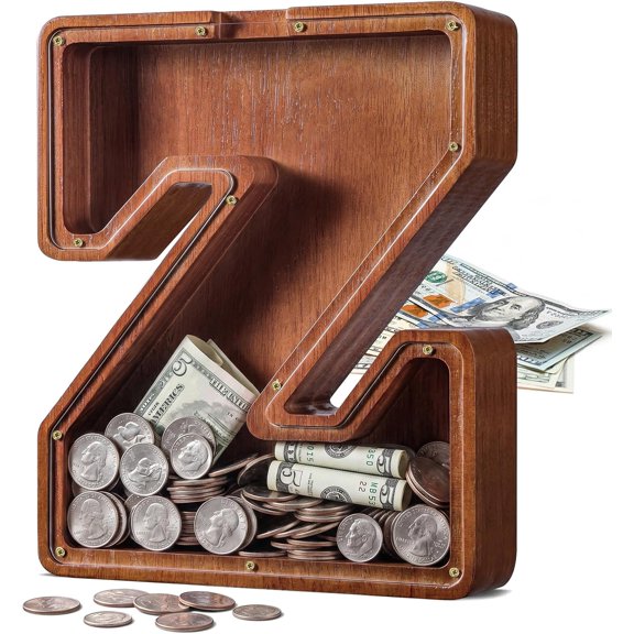 Wooden Letter Piggy Bank Initial Z Large 12 Inch Alphabet Money Box for Kids
