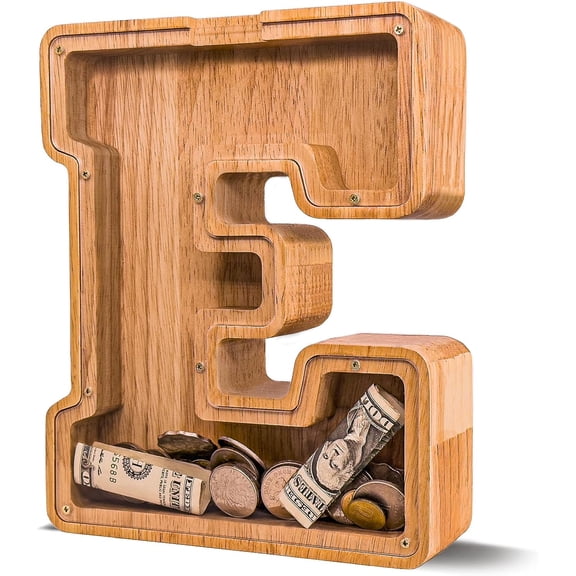 Wooden Letter Piggy Bank for Kids Larger Alphabet Letter Bank for Boys Initial Coin Bank Personalized Piggy Bank Wood Money Save Box for Birthday and Festival-Upgrade 9"" E Piggy Bank