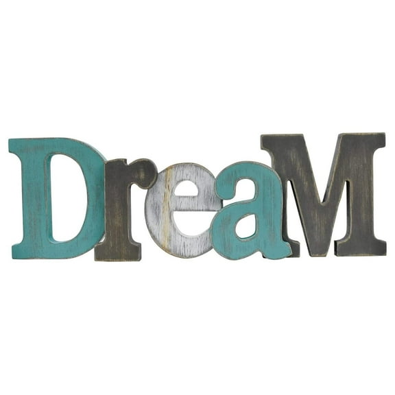 Wooden Letters Sign Decorative Wood Block Signs Freestanding Word Cutout Distressed Teal Sign for Shelf Table Mantle Hanging Ornament Rustic Home Decor (Dream)