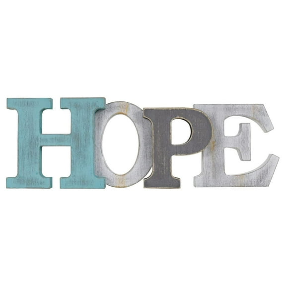 Wooden Letters Sign Decorative Wood Block Signs Freestanding Word Cutout Distressed Teal Sign for Shelf Table Mantle Hanging Ornament Rustic Home Decor (Hope)