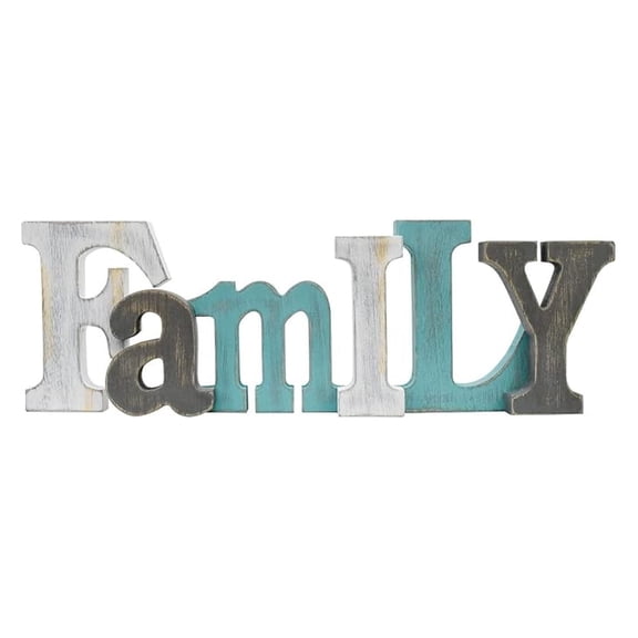 Wooden Letters Sign Family Decor, Distressed Teal Wood Block Cutouts Freestanding Tabletop Shelf Decor, Rustic Home Ornament