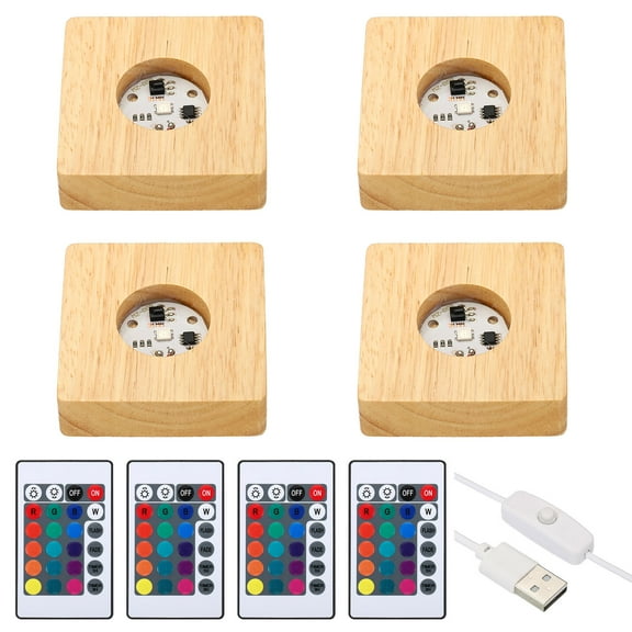 Wooden Light Stand Base LED Lights Display Base with Remote Control for Tower 3D Laser Crystal Glass (4 Pieces)