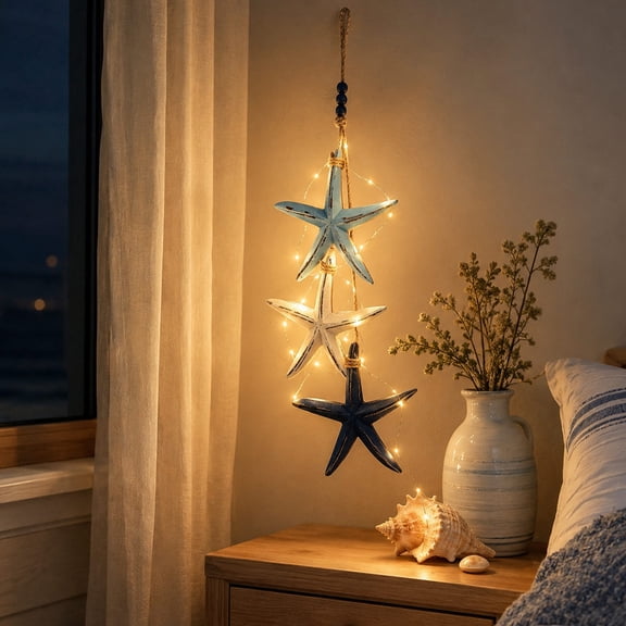 Wooden Lighted Coastal Starfish & Fish Wall Decor, Mediterranean Nautical Wall Hanging Decor with Warm LED, Coastal Beach Style Rope Decor for Home, Restaurant, Bathroom, Ocean Theme Wall Art