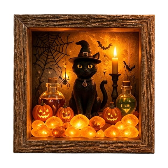 Wooden Lighted Halloween Shadow Box Frame, Witch Black Cat Pumpkin Bat LED Wall Table Decor, Spooky Rustic Framed 3D Scene Light for Halloween Home Party Gift 8.27 Inch