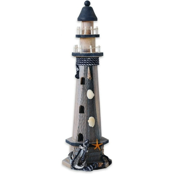 Wooden Lighthouse Decor, 19.5 Inch Decorative Nautical Lighthouse Rustic Ocean Sea Beach Themed Lighthouse Decoration, Handcrafted Tabletop Nautical Themed Home Decor Bathroom Decor(Anchor & Starfish)