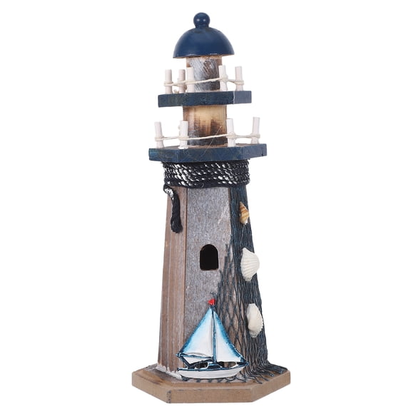 DEEPCRAFF Wooden Nautical Lighthouse Ornament with Sail Boat for Ocean Theme Party Decoration