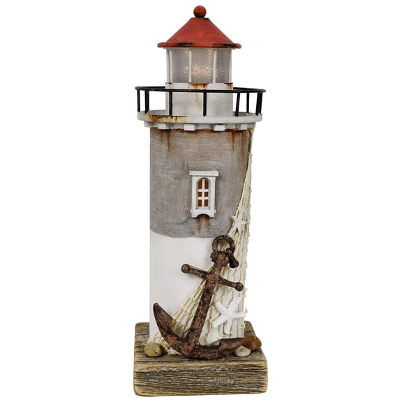 Wooden Lighthouse Nautical Figurine Beach Themed Ornaments with Starfish - Lighted Tower Light Wood Home Dcor Party Decoration