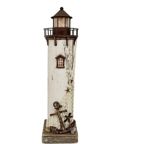 Wooden Lighthouse Tabletop Decor Rustic Light House with LED Nuatical Wood Figurine Table Centerpieces Lighthouse Statue for Beach Themed Indoor Decorations