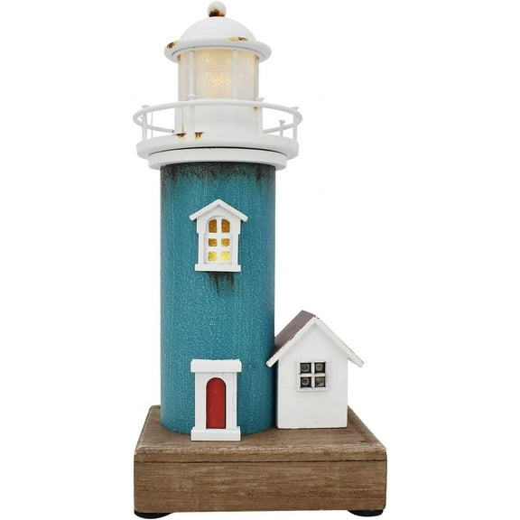 Wooden Lighthouse with Lights Nautical Tabletop Figurine Beach Themed Ornaments - Lighted Tower Light Wood Home Décor Party Decoration (Light Blue)