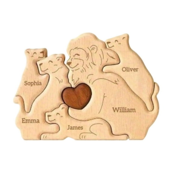 Wooden Lion Family Puzzle Decor - Engraved Art Piece With Customizable Names, Heart Accent For Home, Party Decoration - Ideal For S, Teens As Craft Display, Gifting Option