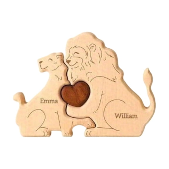Wooden Lion Family Puzzle Set, Carved Home Decor Ornament, Party Decoration Craft, Family Theme Wood Art, Decorative Shelf Statue,A