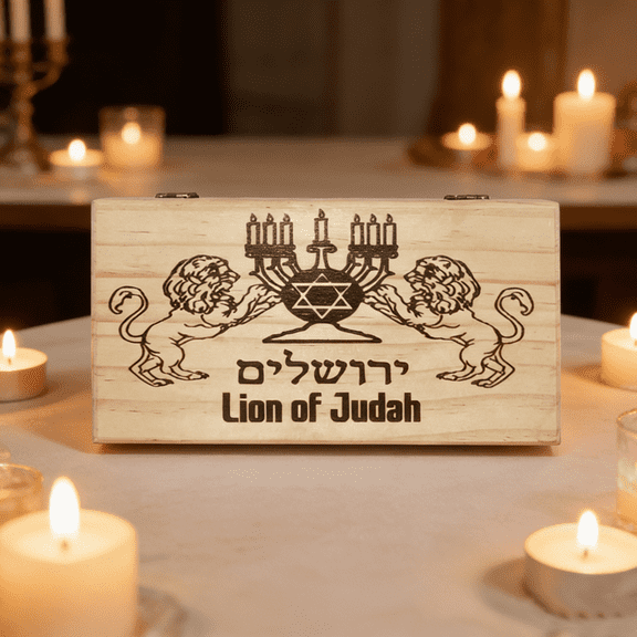 Wooden Lion of Judah Storage Box with Menorah Engraving, Jewish Religious Keepsake Box, Jerusalem Hebrew Decorative Chest