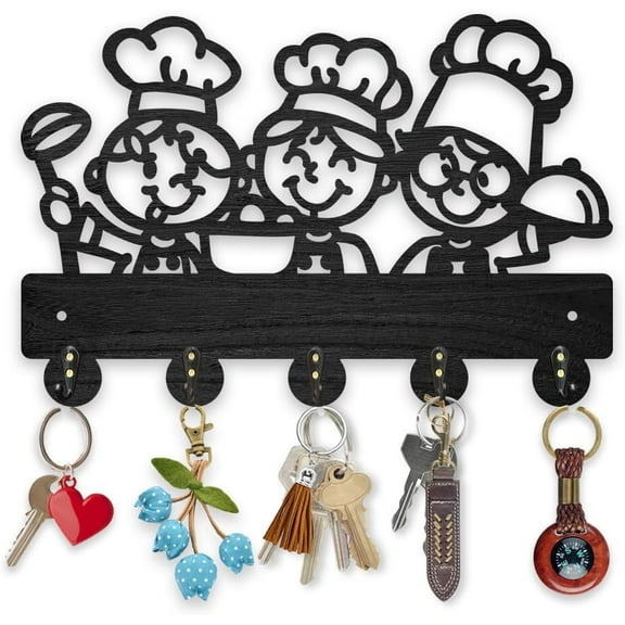 Wooden Little Chef Key Hook Wall Mounted Cartoon Character Coat Hangers for Wall 11.87.9inch with 5 Alloy Hooks Black Art Key Rack Organizer for Restaurant Kitchen Dining Room Gold
