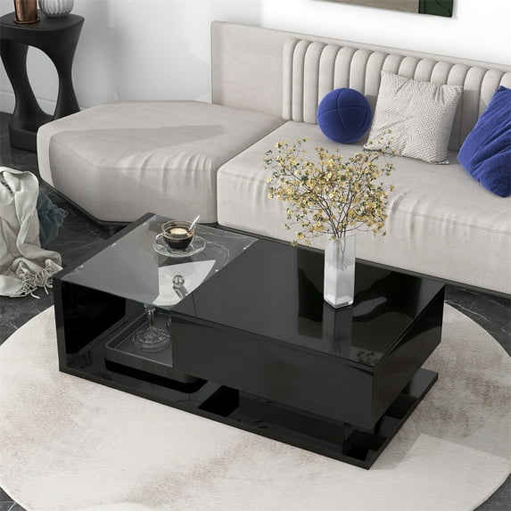 Wooden Living Room Table with 1 Drawer, End Table with Open Storage, 2-Tier Rectangle Coffee Table with Tempered Glass, Sofa Table with Sleek Finish for Living Room, Easy to Maintain & Assembly, Black
