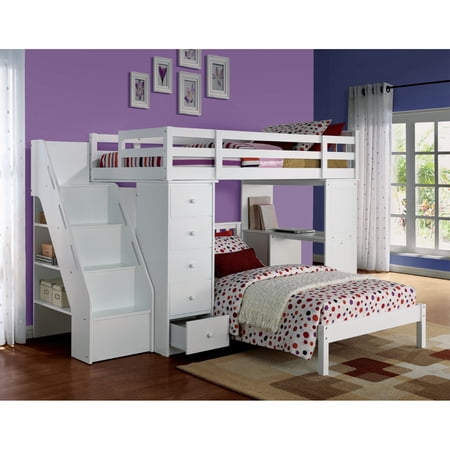 Wooden Loft Bed & Bookshelf Ladder, White