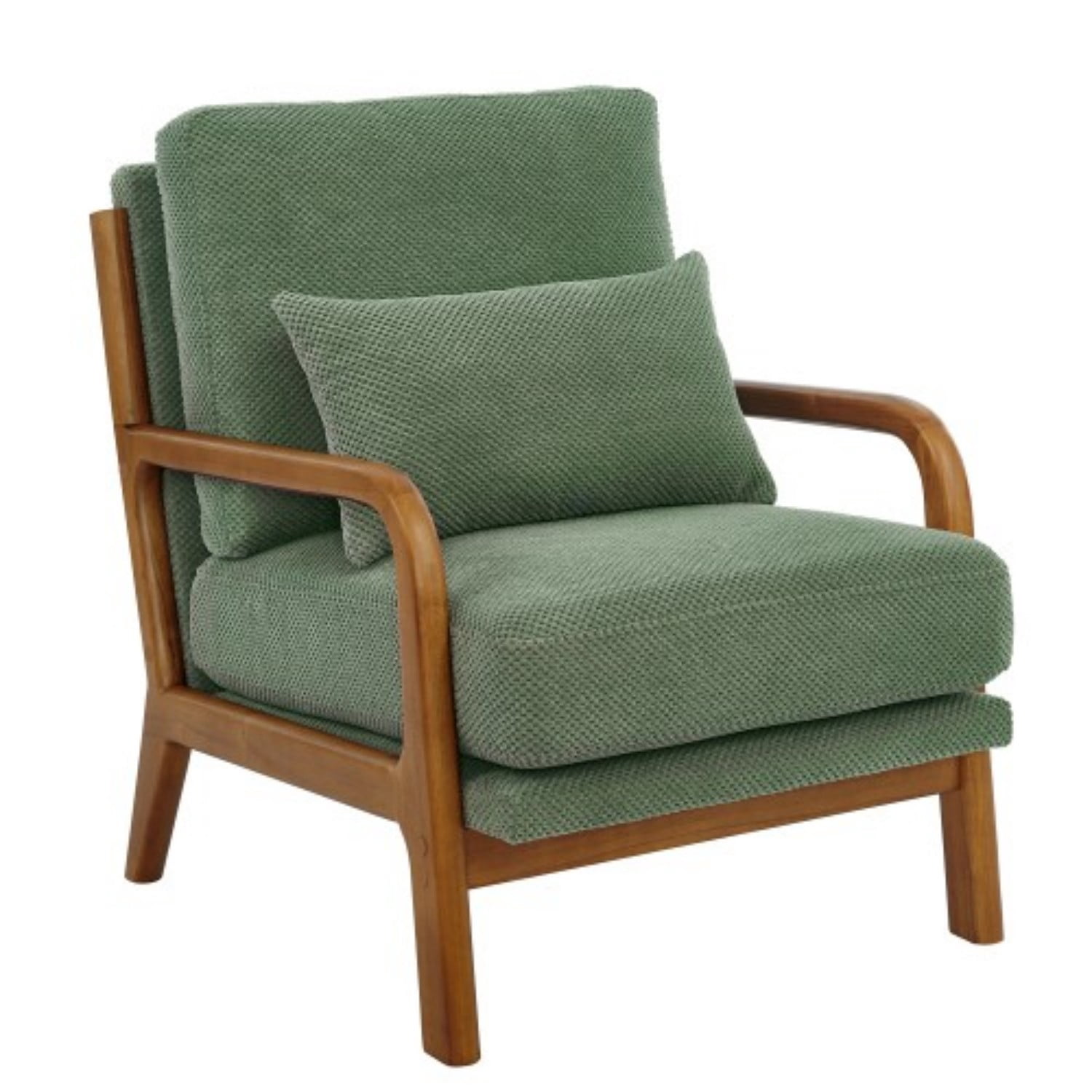 Wooden Lounge Accent Chair with Solid Wood Armrests, Upholstered Reading Chair with High-Density Foam Cushion, Modern Leisure Armchair for Living Room, Bedroom, Balcony & Office, Dark Green