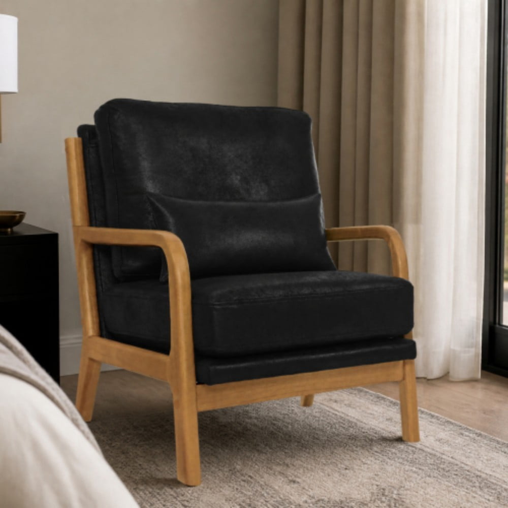 Wooden Lounge Chair, Modern Upholstered Accent Chair with Solid Wood Armrests, High-Density Foam Cushion, Reclined Backrest for Living Room, Bedroom & Office, Black