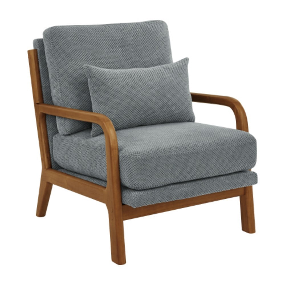 Wooden Lounge Chair, Modern Upholstered Accent Chair with Solid Wood Armrests, High-Density Foam Cushion, Reclined Backrest for Living Room, Bedroom & Office, Light Gray
