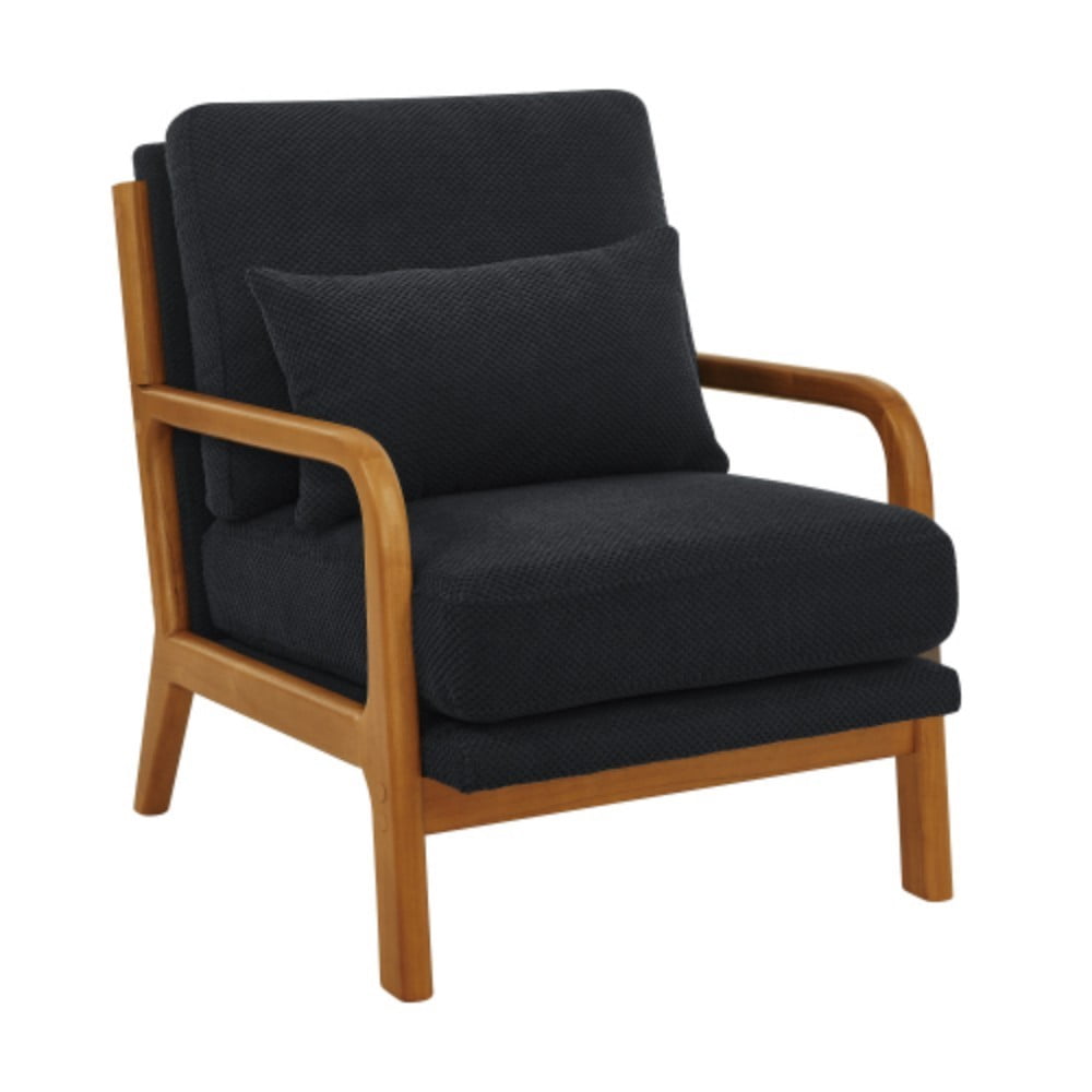 Wooden Lounge Chair, Modern Upholstered Accent Chair with Solid Wood Armrests, High-Density Foam Cushion, Reclined Backrest for Living Room, Bedroom & Office, Matt Black