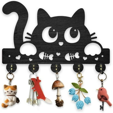 Wooden Lovely Cat Wall Mounted Key Rack 11.8x7.8inch Animal Theme Key Rack Organizer Black Key Holder for Wall with 5 Alloy Hooks for Entryway Front Door Hallway Car Key Organizer