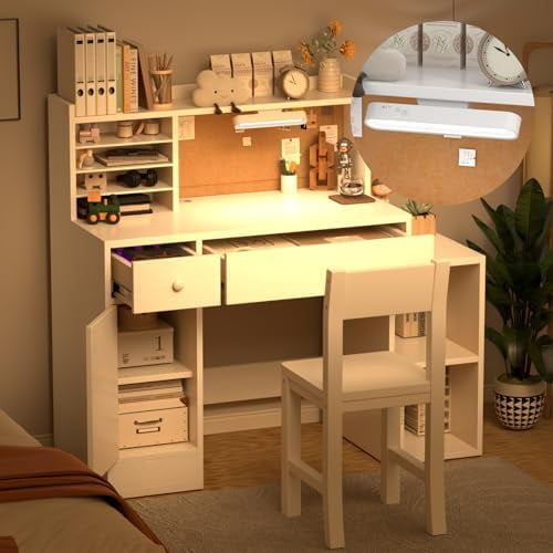 Wooden Lvory White Kids Study Desk and Chair Set with Light, 2 Drawers and 4 Storage Cabinets, Children Desk with Hutch and Shelves, Girls Study Desk for Kids Bedroom-004