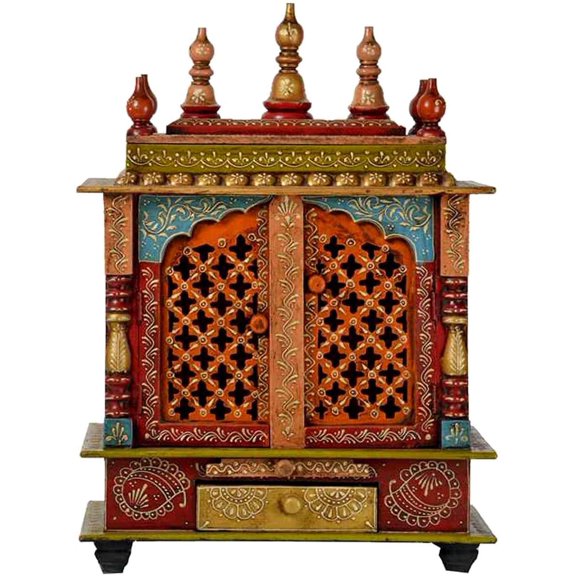 Wooden MDF Ethnic Rajisthani Multi Colored Temple / Devghar / Pooja Mandap / Indian Hindu Pooja Temple / Wall Hanging And Table Top Mandir