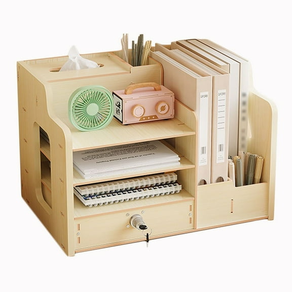 Wooden Magazine File Holder with Drawers and Pen Holder for Documents and Books