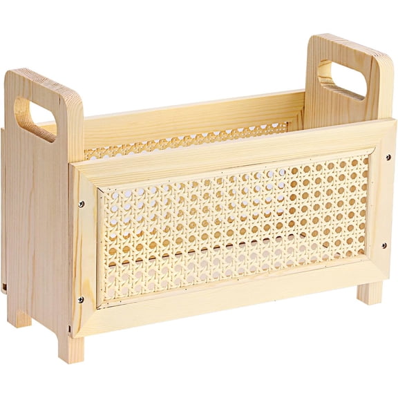 Wooden Magazine Rack with Built-in Handle, Modern Rattan Hollow-out Design Mail Organizer, File Holder Letter Holder for Home & Office, Natural