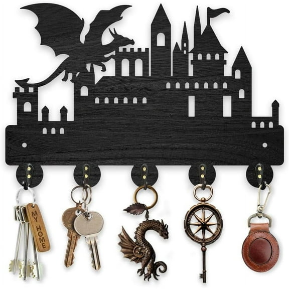 Wooden Magic Castle Key Hook Dragon Royal Palace Coat Rack 7.8x11.8inch Decorative Key Hook Gift 5 Alloy Hooks Black Key Holder