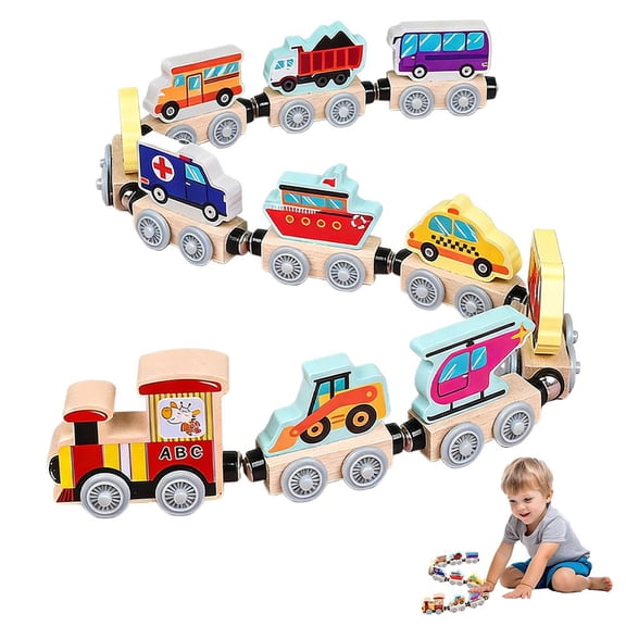 Wooden Magnetic 11-Joint Small Train Toy, Creative Magnetic Train for Imaginative Play and Learning Gift