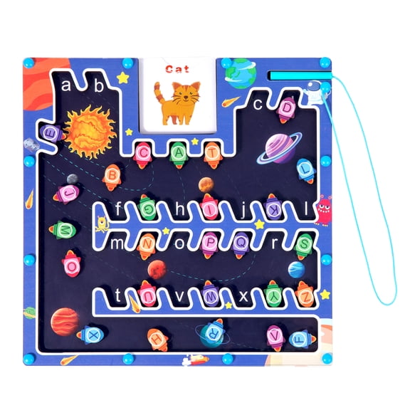 Wooden Magnetic Maze Toy for Toddlers, Space Theme Alphabet & Spelling Learning Game with Magnetic Pen and Flashcards, Fine Motor Skill Montessori Toy for Kids 3+