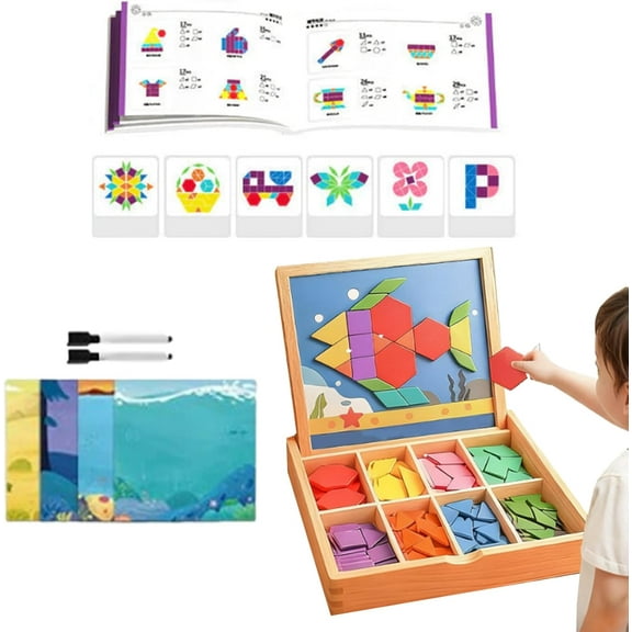 Wooden Magnetic Pattern Block Puzzle Set, 180 PCS Wooden Magnetic Blocks with Design Cards, Engaging Jigsaw Puzzle, Montessori Pattern & Shape Building Set x